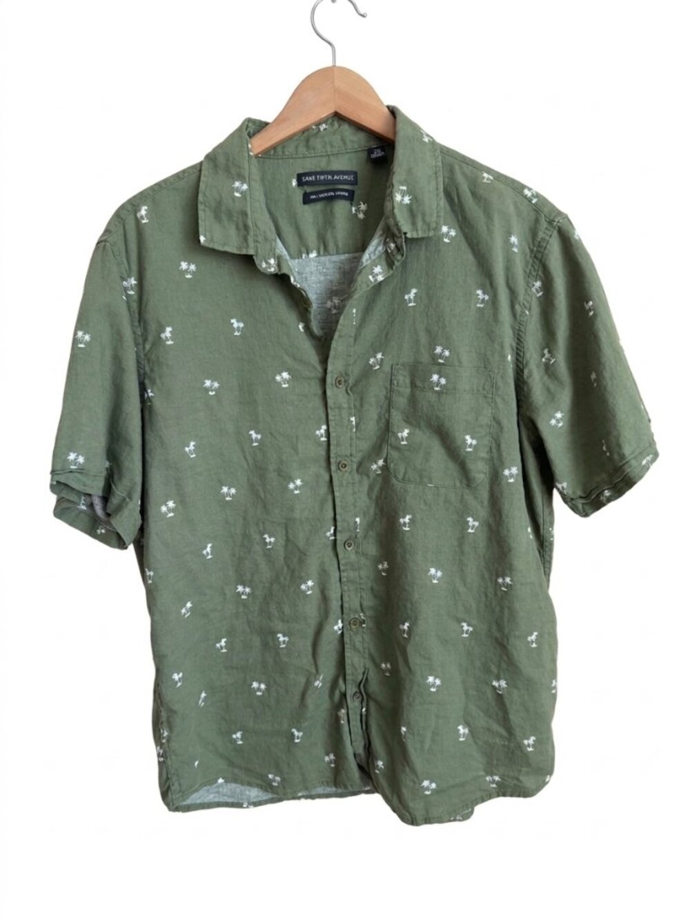 Saks Fifth Avenue Men's XL Linen Blend Green Palm Tree Print Button Down Shirt